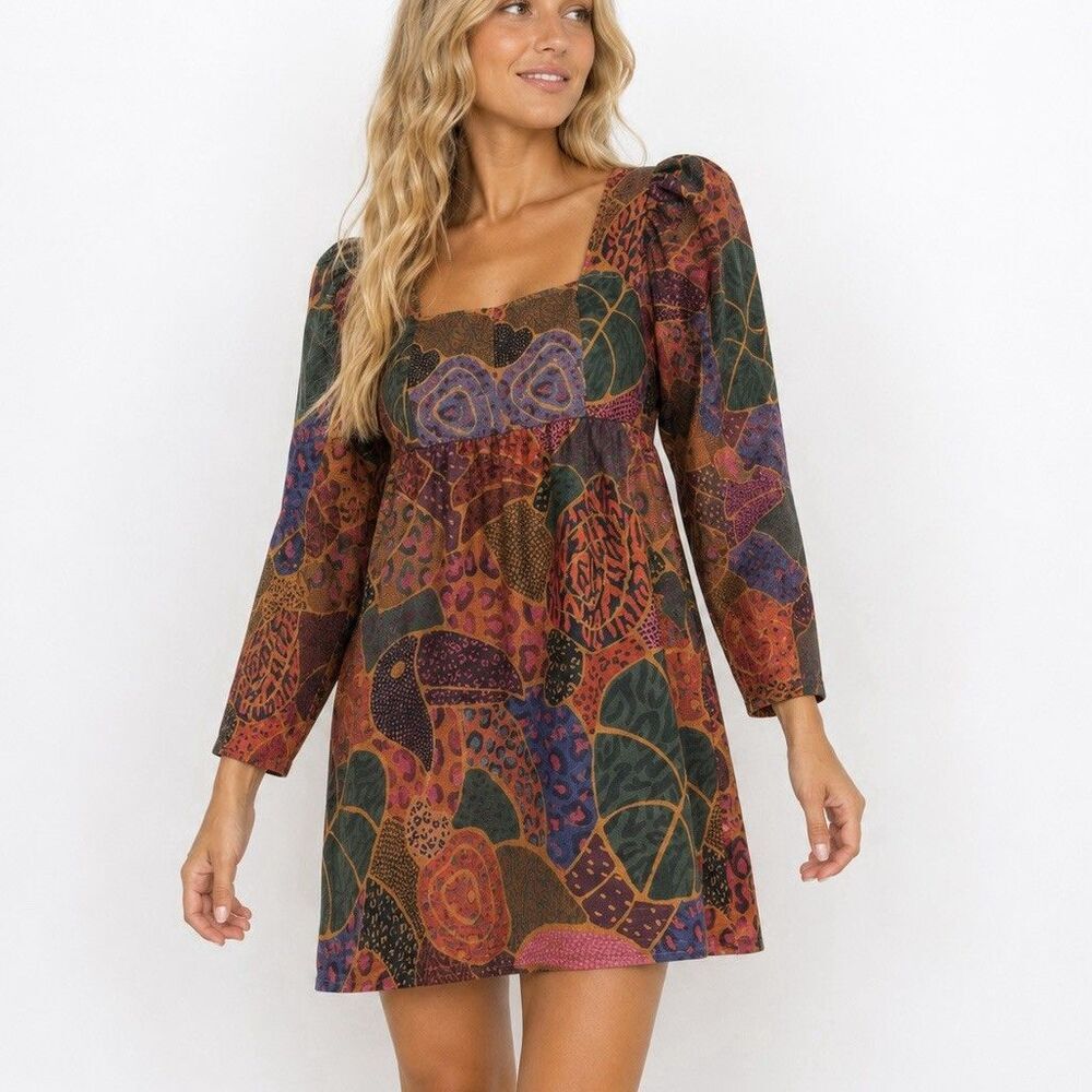 Farm Rio Hidden Animals Print Fleece Mini Dress Small Square Neck Puff Sleeve